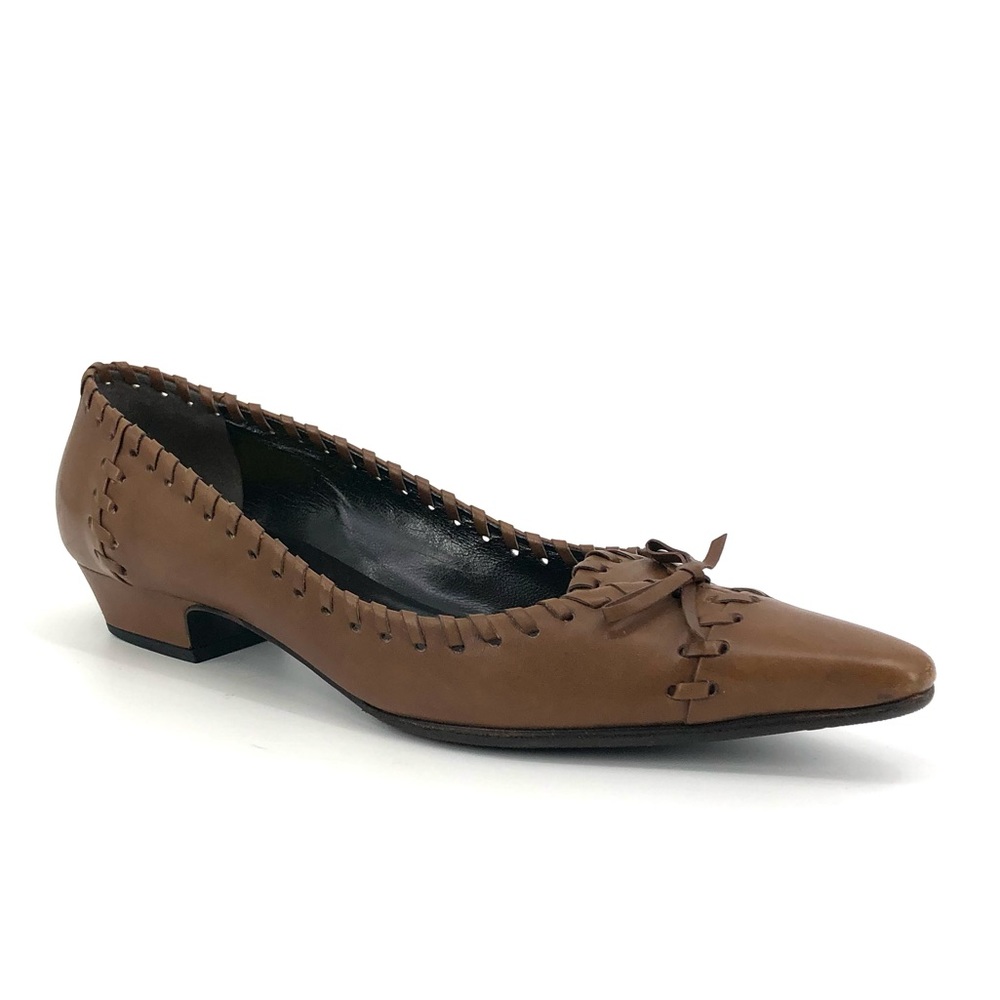 Prada Low Block Heel Pointy Toe Brown Leather Whip Stitch Detail Shoes Size 7.5